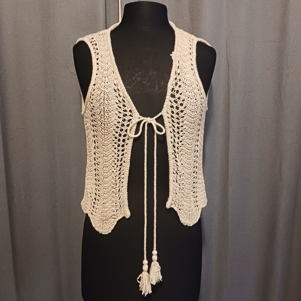 Boho Hippie Rose Fairy neutral western Crochet Knit Vest Tassel Festival M